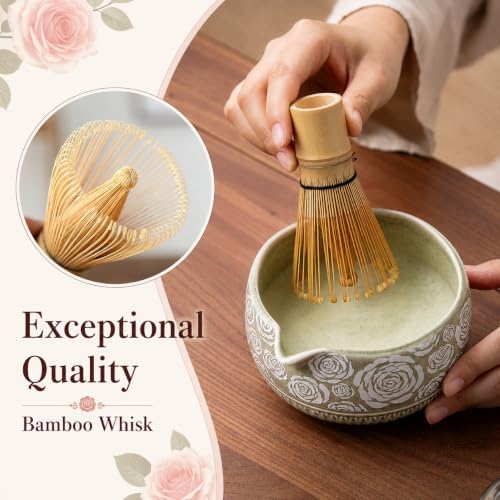 Matcha Whisk Set, 7-Pc Ceramic Matcha Bowl Kit, Bamboo Whisk,（Rose Green）