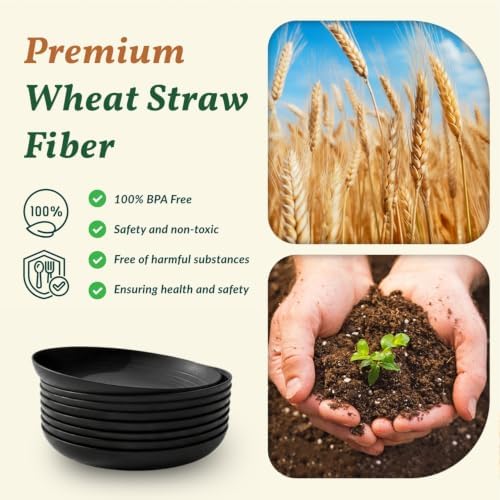 Homienly Wheat Straw Plates Set - 11 inch Reusable Large Dinner Plates Set of 8, Lightweight Unbreakable Salad Plates, Microwave and Dishwasher Safe Plates, Deep Plates for Dinner, Camping - Black