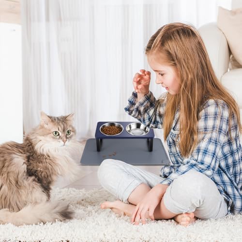 Summark Upgraded Elevated Cat Bowls with Food Mat,15°Tilted Stand Anti Vomiting Raised Cat Dishes for Food and Water,2 Stainless Steel Bowls for Cats and Puppies（Navy Blue）