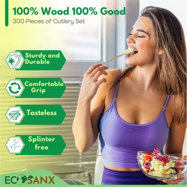 ECOSANX® 300 PCs Wooden forks for eating 6.3" Splinter Free Compostable Forks, Eco-Friendly Wooden Cutlery for Party & Outdoor, Disposable forks for Camping, Events & More