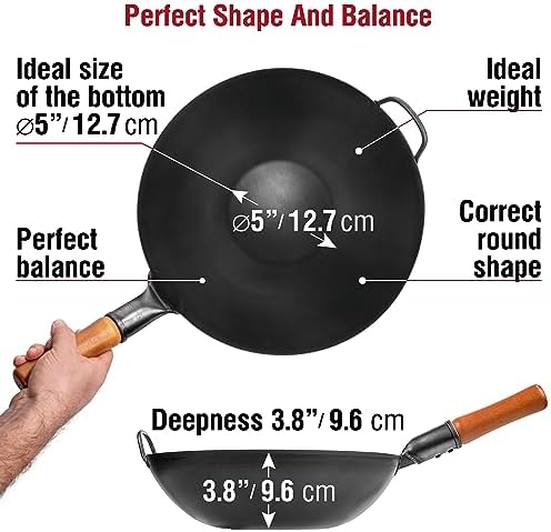 YOSUKATA Carbon Steel Wok Pan – 13,5 “ Stir Fry Pans PLUS Wok Lid 12.8 Inch PLUS 17" Wok Spatula and Ladle Skimmer Spoon