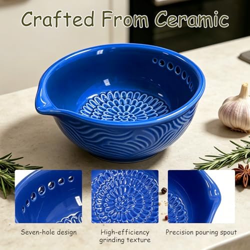 Grater Plate, 3 in 1 Handmade Tool Ceramic Bowl with Herb Stripper (Blue)