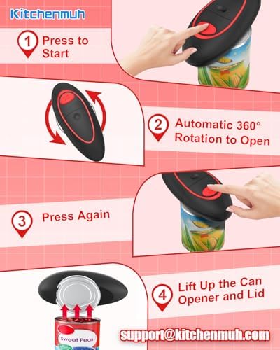 KITCHENMUH One Touch Electric Can Opener Fits All Can Sizes for Seniors with Arthritis, Battery Operated Can Opener with Smooth Edge, Food Safe Automatic Can Opener for Kitchen (Grey Red)
