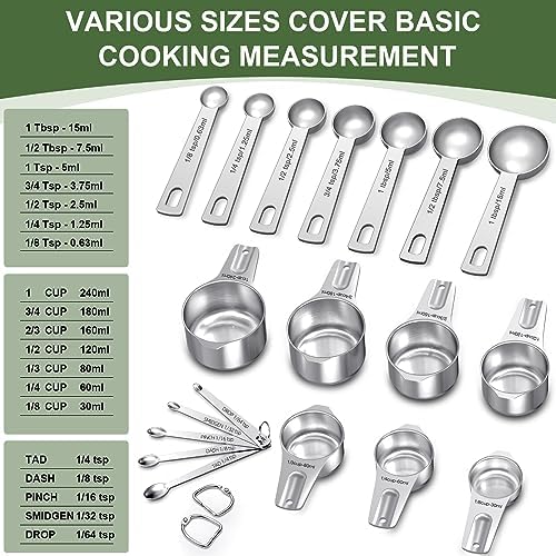 EWFEN Measuring Cups and Spoons Set, 7 Stainless Steel Nesting Measuring Cups & 7 Spoons, 5 Mini Measuring Spoons & 2 Detachable Rings, Kitchen Gadgets for Cooking & Baking, Round