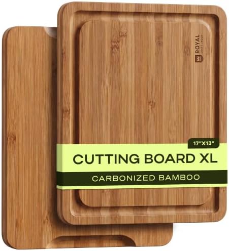 ROYAL CRAFT WOOD Wooden Cutting Board - Bamboo Cutting Boards with Juice Groove - Kitchen Chopping Board for Meat Cheese and Vegetables, Heavy Duty Serving Tray w/Handles, 13” x 17”