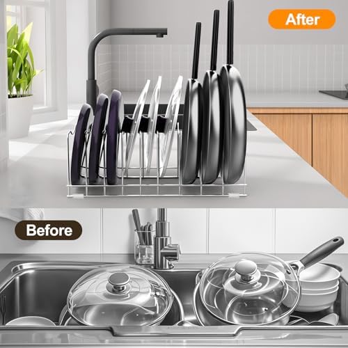 FLSEPAMB Pot Lid Organizer Pan Lid Organizer Kitchen Pot Lid Rack Suitable for Bakeware Dish Plate, Cutting Boards, Pots & Pans, Serving Trays, Reusable Holder (2 Pack)