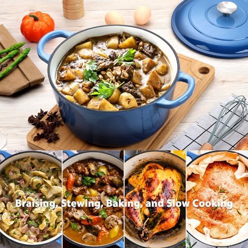 E-far 6 Quart Enameled Cast Iron Dutch Oven with Lid, Round Dutch Oven Pot Nonstick Cookware for Braising, Stews, Roasting, Bread Baking, Cooking, Heavy Duty, Induction & Oven Safe - Blue