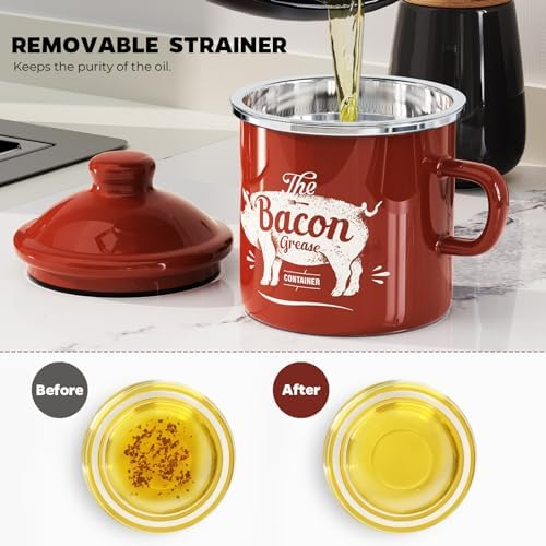 Bacon Grease Container with Strainer-15OZ Enamel Saver, Dishwasher Safe