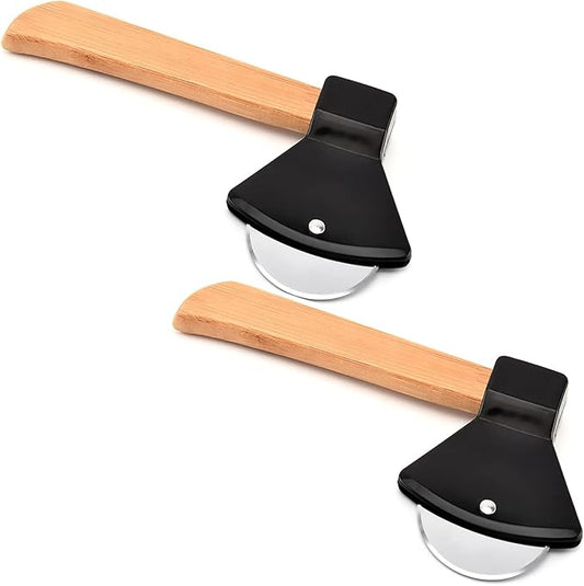 2Pcs Pizza Cutter Wheel, Axe Shaped Stainless Steel Pizza Knife With Bamboo Handles and Sharp Rotating Blades, Pizza Slicer Rolling Cutter for Pies, Cookies, Bread, Cakes (Black)