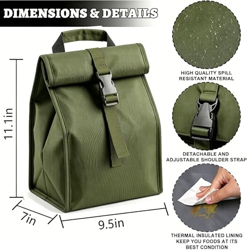 ZM-YOUTOO Insulated Foldable Lunch Bag- Lightweight Portable with Adjustable Shoulder Strap Lunch Box for Men, Women, Office, Work, Picnic, Hiking and Beach (Green(Soft Fabric))