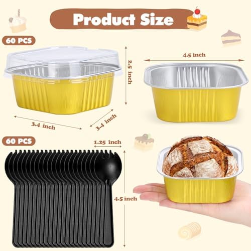 selizo 60 Pack 10oz Mini Disposable Cake Pans with Lids, Aluminum Foil Square Baking Cups, 4.4x4.4 Large Baking Cake Tins Cup Cake Containers with Lids for Individual Cakes