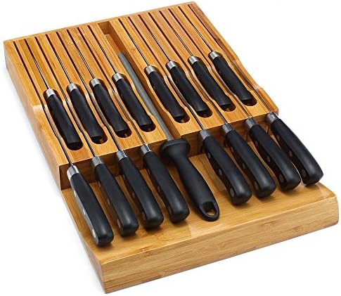 VaeFae In-Drawer Knife Block,Bamboo Knife Drawer Organizer Insert, Kitchen Knife Drawer Storage for 16 Knives PLUS a Slot for your Knife Sharpener (Without Knives)