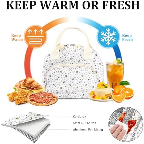 TESAFNG Lunch Bag - Insulated Lunch Box for Women, Reusable Large Capacity Cooler Bag for Adult, Small Leakproof Cute Corduroy Lunch Tote for Work Office Travel Picnic (Purple Flower)