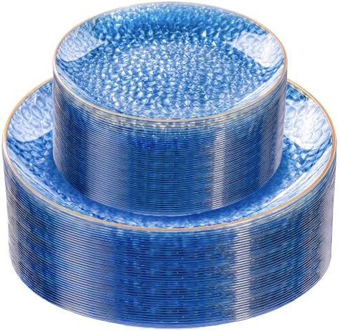 Rubtlamp 60Pcs Clear Blue Plastic Plates, Hammered Blue Plates, Clear Fancy Disposable Plates With Gold Rim Include 30 Dessert Plates, 30 Dinner Plates for Party