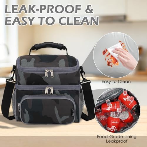FlowFly Double Layer Cooler Insulated Lunch Bag Adult Lunch Box Large Tote Bag for Men, Women, With Adjustable Strap,Front Pocket and Dual Large Mesh Side Pockets