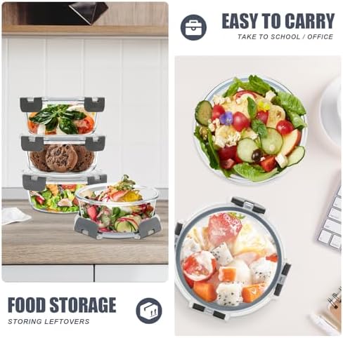 6 Pack, 21oz Round Glass Food Storage Containers with Airtight Lids, Grey