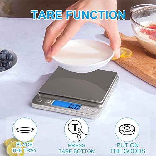 Small Digital Food Scale Ounce/OZ and Gram Scale, Kitchen Scale 3000g/0.1g High Precision for Baking, Soap Making, Jewelry, Includes 2 Trays and Batteries, 9 Units, Tare Function, Easy to Store