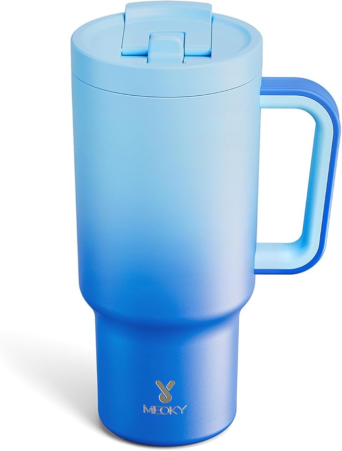 Meoky 32 oz Tumbler with Handle and Flip Straw, 100% Leakproof Tumbler with Lid and Straw, Stainless Steel Insulated Cup, Cupholder Friendly, Keeps Cold for 24 Hours (Sky)