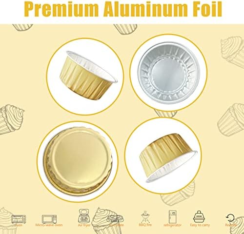 100Pcs Aluminum Cups with Lids,5oz Disposable Ramekin Baking Cups Muffin Liners Mini Pie Pans Foil Cupcake Containers for Christmas Party Wedding Party,Gold