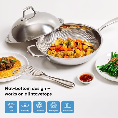 BUFFALO Honeycomb 3ply Stainless Steel Wok Pan 11 inch/28cm with Lid Flat Bottom - Coating-Free Non-stick Stir Fry Pan - Advanced, Scratch-Resistant Design with Stay-Cool Long Handle