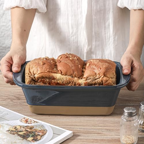 HVH Ceramic Loaf Pan for Baking Bread, 9 x 5 inch Baking Bread Loaf Pan, Rectangular Bread Pan, Bread Baking Pan for Cooking, Farmhouse Style (Blue)