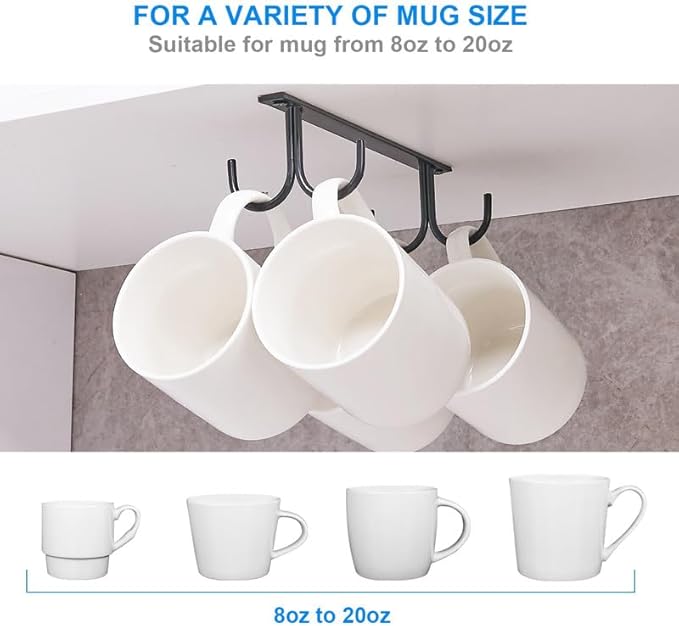 Mug Rack Under Cabinet - Coffee Cup Holder, 8 Mugs Hooks Under Shelf, Display Hanging Cups Drying Hook for Bar Kitchen Utensils Black