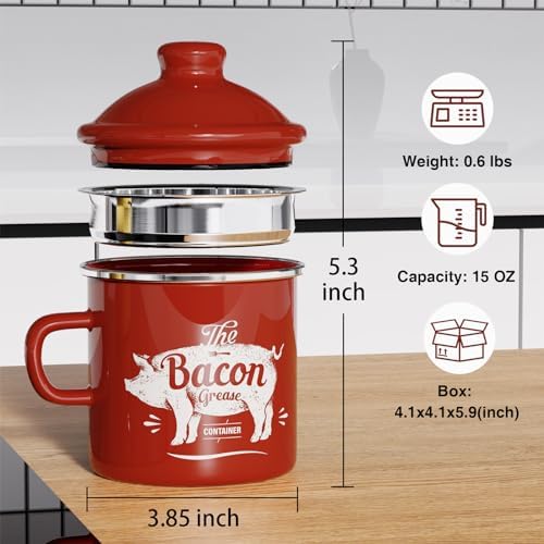 Bacon Grease Container with Strainer-15OZ Enamel Saver, Dishwasher Safe