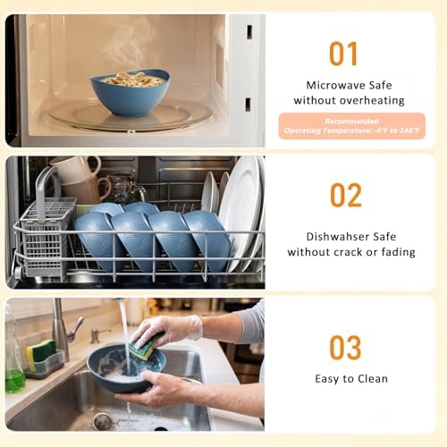 26oz Wheat Straw Bowls Sets of 6, Unbreakable & Stackable Ramen Bowl, Microwave & Dishwasher Safe Dinner Bowls for Rice, Salad, Noodle, Fruit, Kitchen Bowls for Restaurant, RV, Party - Blue