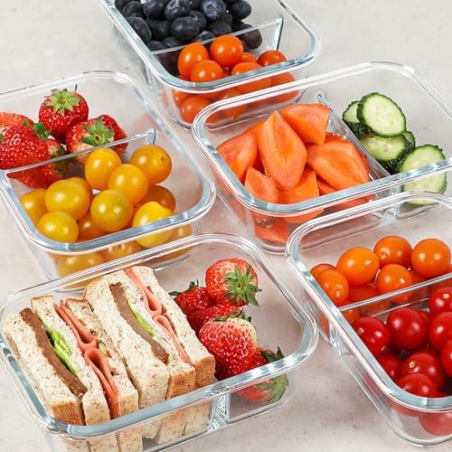 KOMUEE 30 oz 5 Pack Glass Meal Prep Containers 2 Compartments, White