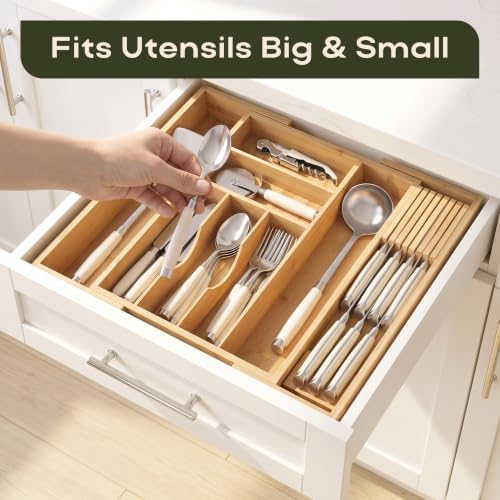Drawer Organizer for Kitchen Organization – Expandable Bamboo Silverware Drawer Organizer with Removable Knife Block, Bamboo Cutlery, Non-Slip Utensil Organizer with 7-Slot Knife Storage for Flatware