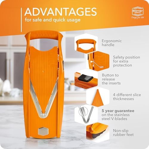 Börner Mandoline Slicer V5 (Basic Set) • Vegetable V-Slicer for Slices in 4 Thickness Settings • Stainless Steel V-Blade • Adjustable Kitchen Slicer for Vegetables & Fruits • Color: Orange