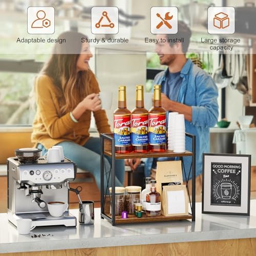 Giikin Kitchen Counter Shelf, Kitchen Countertop Organizer, 2 Tier Spice Rack for Counter, Wood Coffee Bar Organizer for Coffee Station (Brown, L)