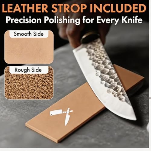 Premium Rolling Knife Sharpener Kit - High Carbon 400/1000/3000 Grit Diamond & Ceramic Discs, 15° & 20° Angles, Leather Strop & Anticut Gloves | Knife Sharpener for Chef, Santoku, & Utility Knives