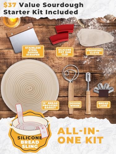 Dutch Oven Bread Baking Pot with Lid 6QT Enameled Cast Iron Oven, White Design & Complete Sourdough Kit (Banneton Basket, Dough Tools, Silicone Sling) for Artisan Bread Making