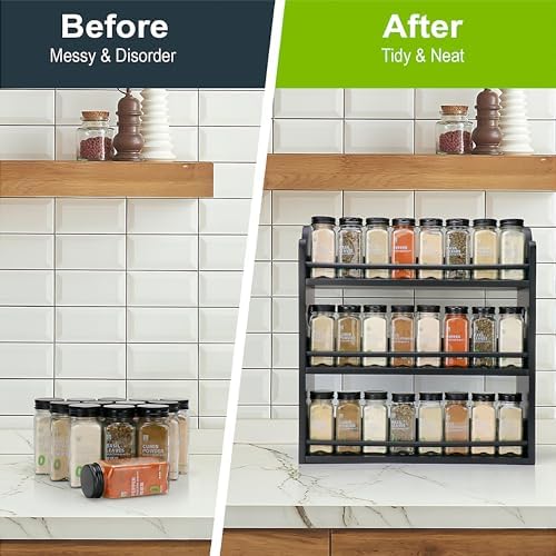 3-Tier Bamboo Spice Rack, Wall Mount & Countertop Spice Organizer