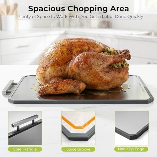 Freshware Titanium Cutting Board for Kitchen, Double Sided and Non Slip Cutting Boards with Handle, Pure Titanium/PP, Chopping Board with Juice Grooves, Dishwasher Safe, Extra Large 19.7" by 13.5"