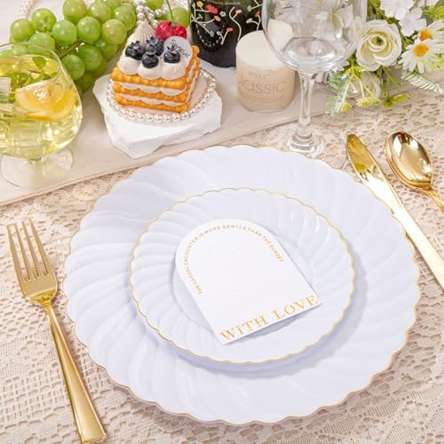 YOUBET 125PCS White and Gold Plastic Plates for Wedding Parties