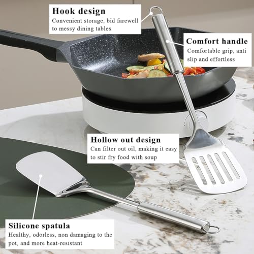 Stainless Steel Spatulas Set, ReaNea Silver Slotted Turner, Solid Turner, Heavy Duty Sturdy Kitchen Spatula High Heat Resistant, Ideal Cookware for Fish,Eggs,Pancakes, Dishwasher Safe, Easy to Clean