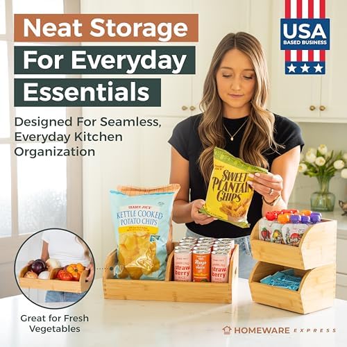 Potato and Onion Storage Bin, Stackable Bamboo Pantry Organizer and Storage