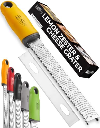 Orblue Lemon Zester & Cheese Grater - Premium Citrus Zester, Kitchen Grater for Parmesan, Chocolate, Fruits, Vegetables, Ginger, Garlic, Nutmeg - Stainless Steel Blades with Protective Cover, Yellow