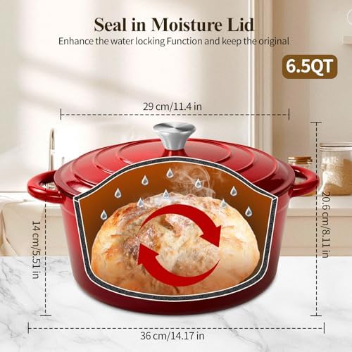 Enameled Cast Iron Dutch Oven pot 6.5 QT with Lid for Bread Baking