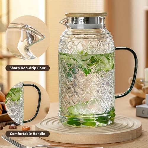 Buaic 2 PACK Glass Pitcher with Bamboo Lid, 68 oz/2L Vintage Water Pitcher, Clear Borosilicate Glass Water Carafe for Cold Brew, Coffee, Lemonade, Iced Sun Tea,Beverage, Heat Resistant Water Glass Jug