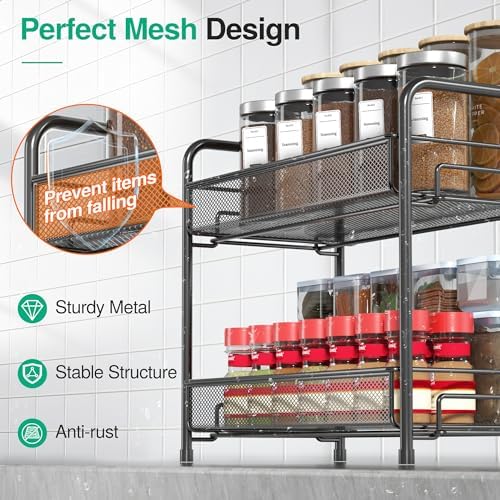 Spice Rack Organizer for Countertop,Xpatee 2-Tier Foldable Metal Rust-Proof Standing Large Seasoning Storage Shelf with Guardrail and Mesh Design for Kitchen Cabinet Bathroom Living Room Pantry, Black