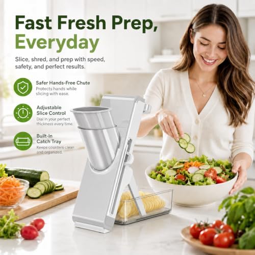 Safe Mandoline Slicer for Kitchen, Vegetable Slicer with Container, French Fry Cutter, All in 1 Julienne Slicer for Potato, Thickness Adjustable, Detachable Blade (Gray)