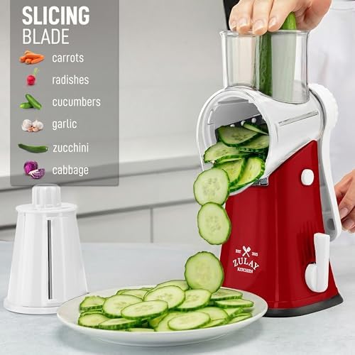 Rotary Cheese Grater Manual Hand Crank 5 Blade Shredder, White & Red