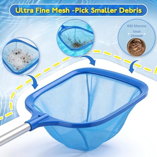 FEED GARDEN Hot Tub Pool Skimmer Spa Net with 12'' Aluminum Pole 11" x25" Blue Mesh, 6-Inch Deep for Small Above Ground Pools Pick Up Fine Debris Lightweight Leaf Net