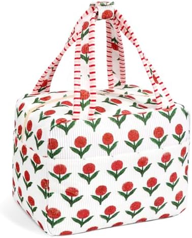 Lunch Box for Women, White Cute Floral Insulated Reusable Lunch Bag