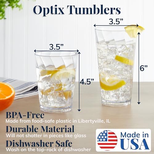 US Acrylic Optix Plastic Reusable Drinking Glasses (Set of 16) 14oz Rocks & 20oz Water Cups in Clear | BPA-Free Tumblers, Made in USA | Top-Rack Dishwasher Safe (Pack of 2)
