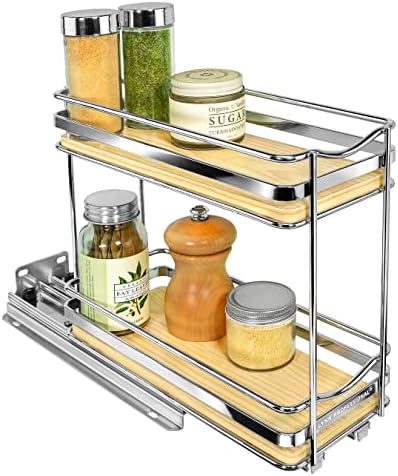 LYNK PROFESSIONAL® Élite™ Pull Out Spice Organization for Cabinets - 4-3/8 inch Wide – Spice Rack for Inside Cabinets – Wood/Chrome - Sliding Spice Rack Organizer for cabinet – Spice Rack - 2 Tier