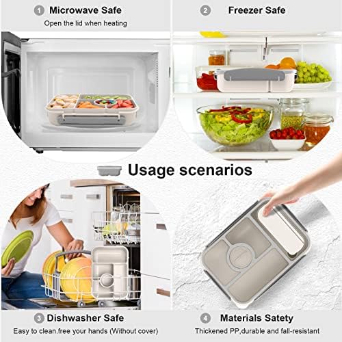 Amathley Bento Box Adult Lunch Box Kids,Lunch Containers for Adults/Kids/Toddler,5 Compartments Bento Lunch Box with Sauce Vontainers,Microwave & Dishwasher & Freezer Safe,BPA-Free (White)